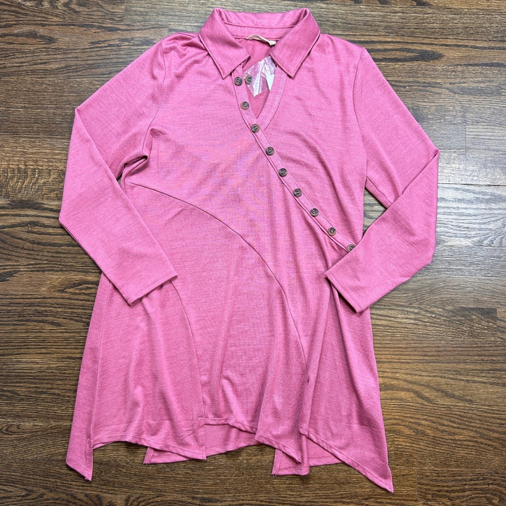 Soft Surroundings Blouse Womens M Pink Asymmetrical Button Sharkbite Tunic NWT